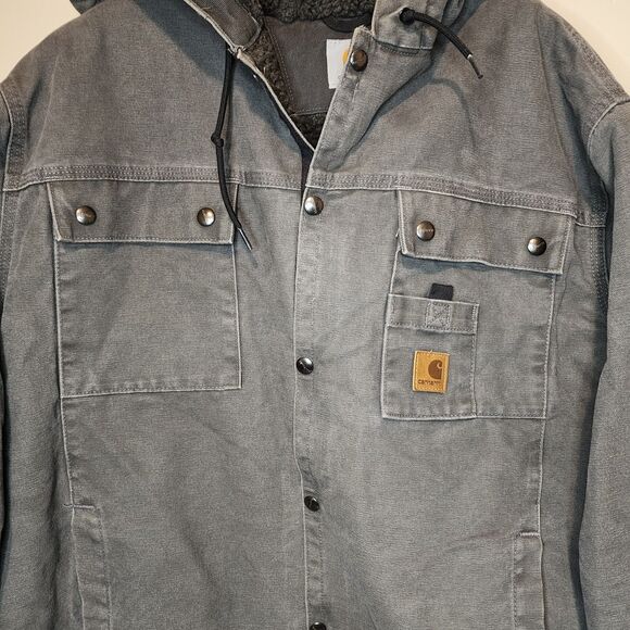Vintage Carhartt Jacket Sherpa Lined Snap Up Hooded J284-GVL Gravel Mens Large - Picture 2 of 11